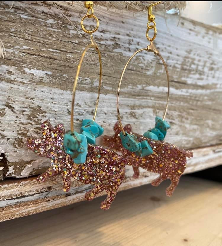 Turquoise pig hoop dangle earrings
