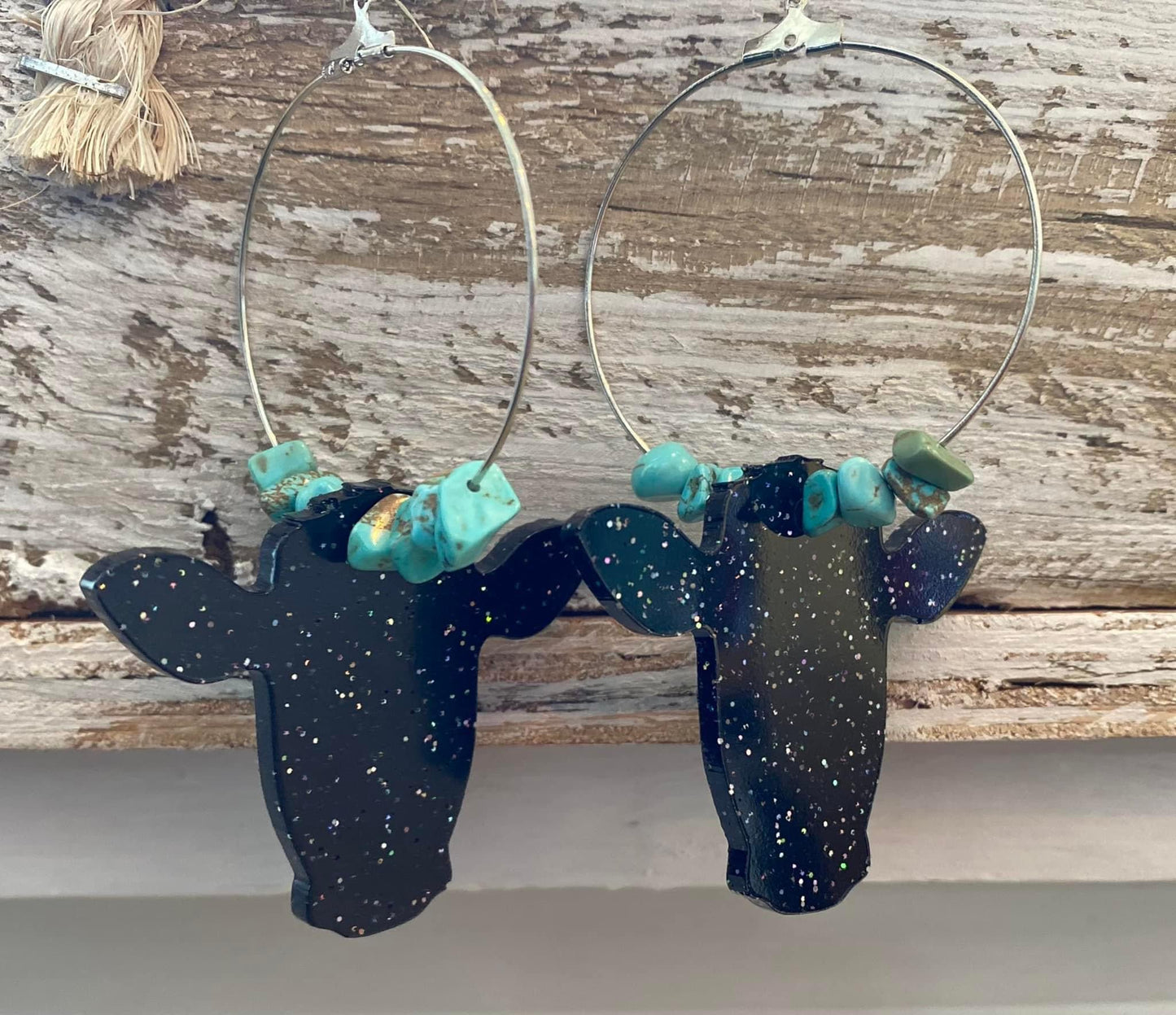 Cow head turquoise dangle hoop earrings